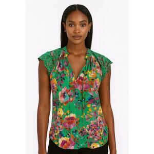 Caballero Green Floral Ruffle Sleeve Viscose Top